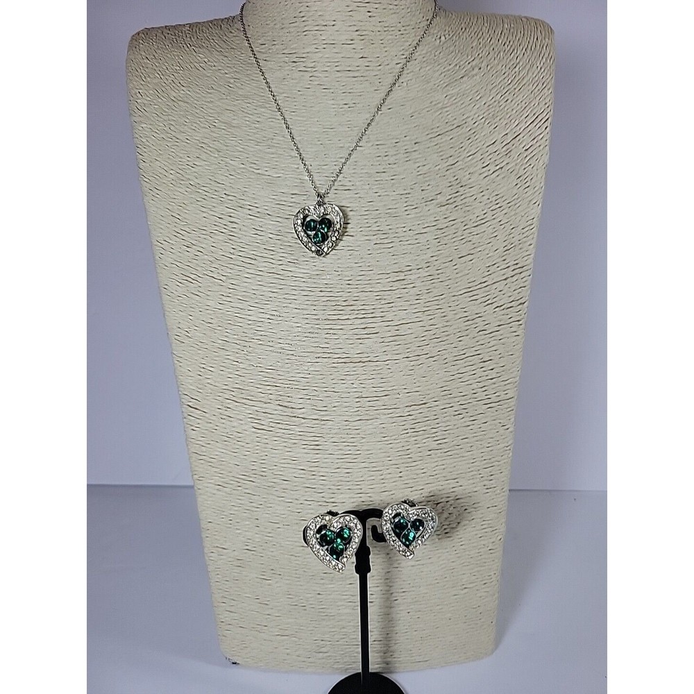 Sarah Coventry Silvertone Green Rhinestone Colleen HEART Clip Earrings Necklace